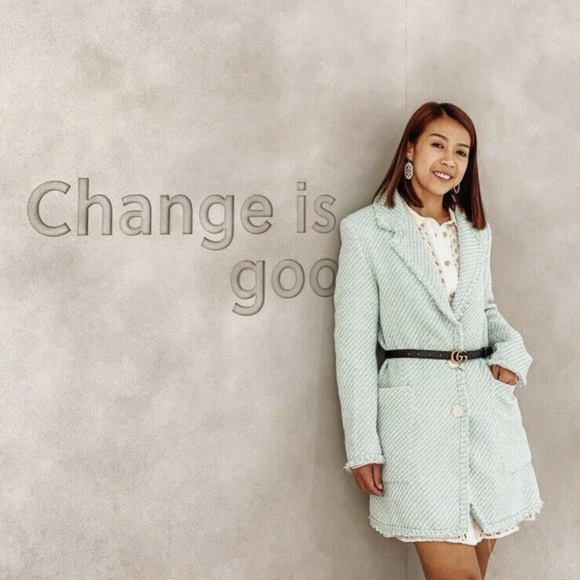 Zara Green White Tweed Textured Long Blazer-Small - Picture 4 of 15